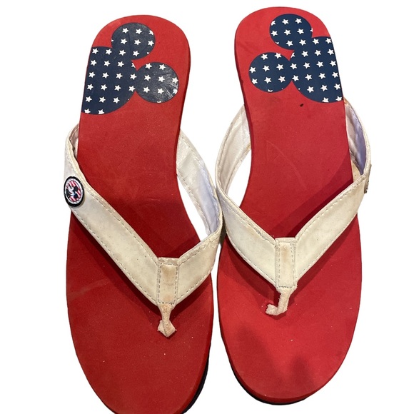 Shoes - Disney, Mickey Mouse, red White and blue leather flip-flops wedge sandals 7-8